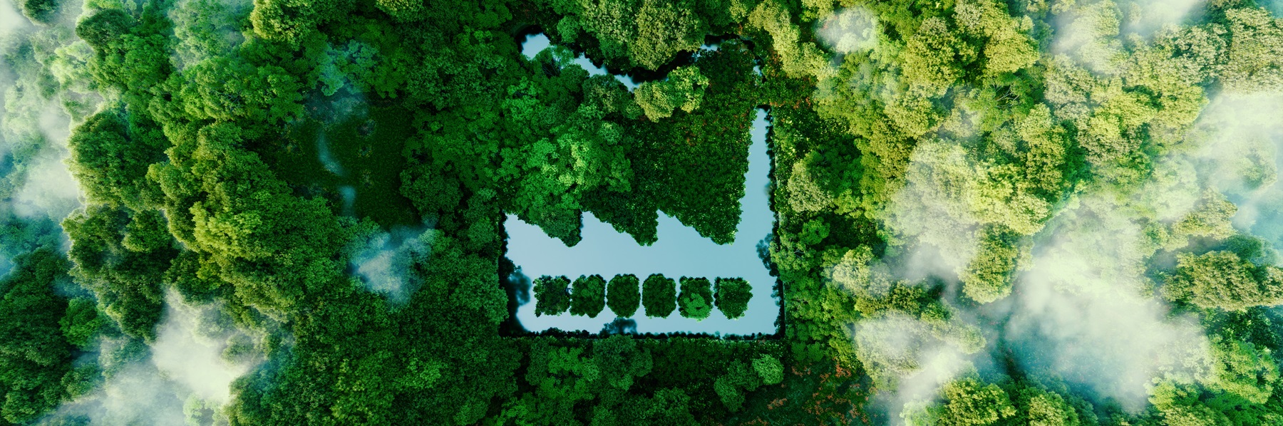 Écologie avec une forêt et un lac en forme d'usine